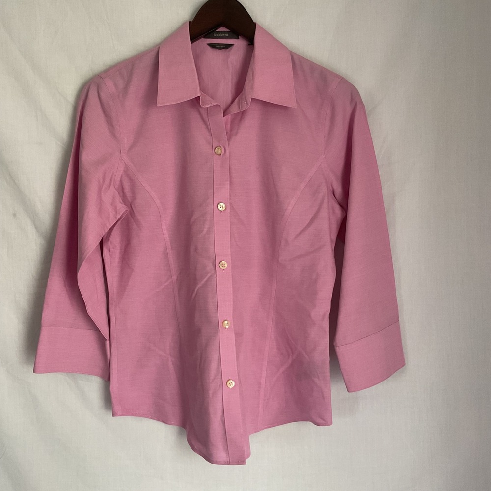 Liz Claiborne Non-Iron Button Down 3/4 Sleeve Pink Blouse Top